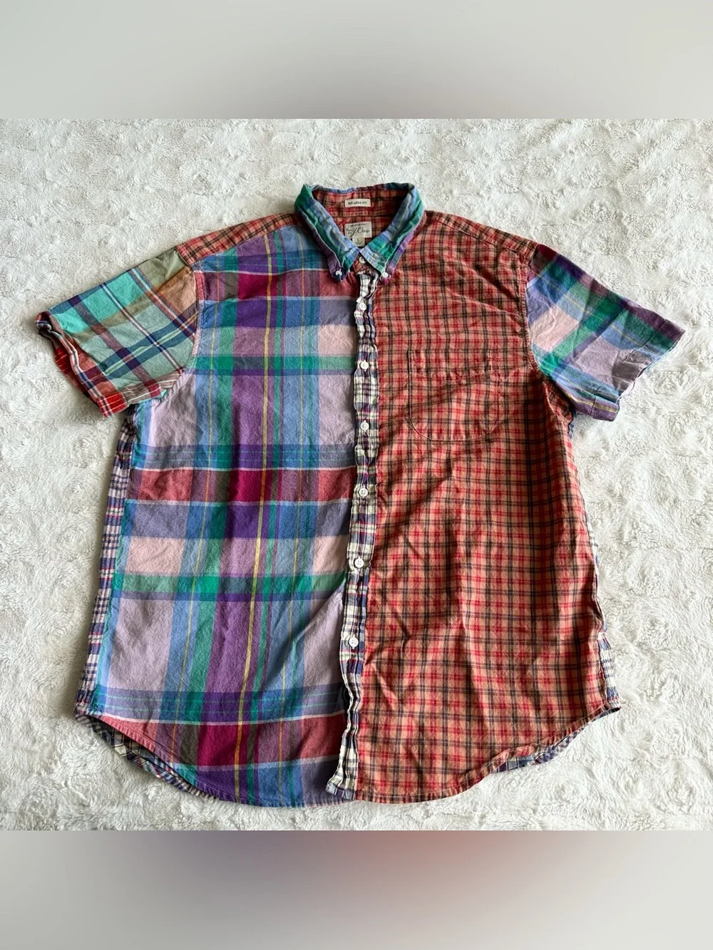 J Crew Patchwork Shirt Mens Large Multicolor Indian Madras Plaid Preppy Collared